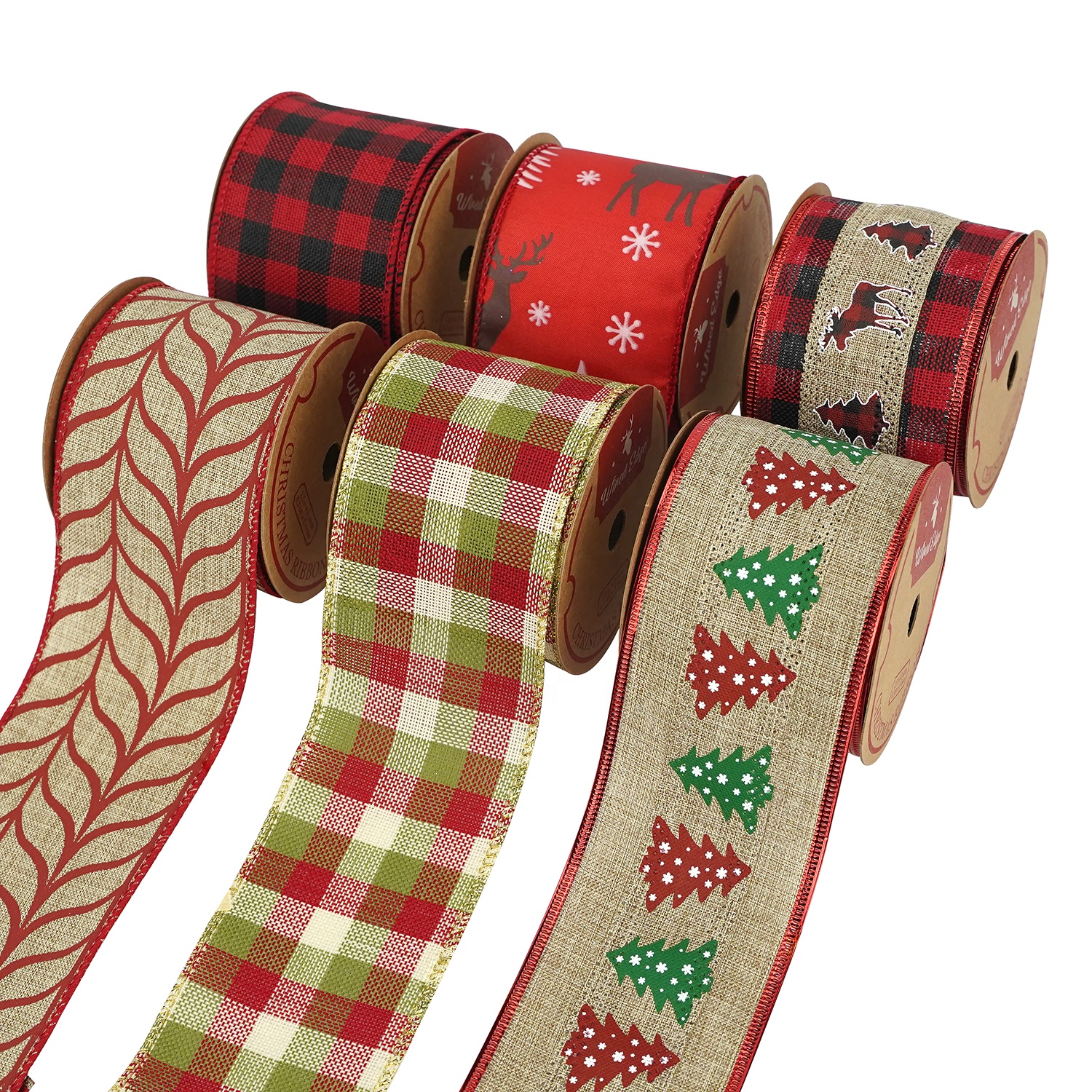 Midi Ribbons Stock 6 Rolls/Set Sale Wired Christmas Ribbon X-max Wire Burlap Ribbon for Box Packing Wreath Bows