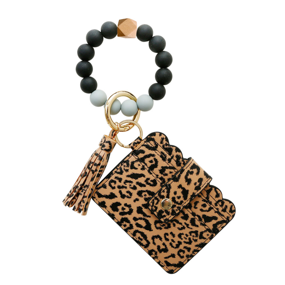New PU Tassel Card Case Silicone Bead Bracelet Key Ring Keychain