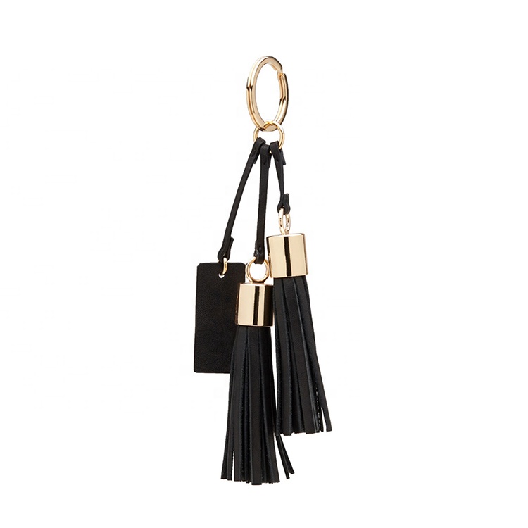 Custom Logo Vegan Real Pebble Leather Tassel Keychain with Gold Hardware