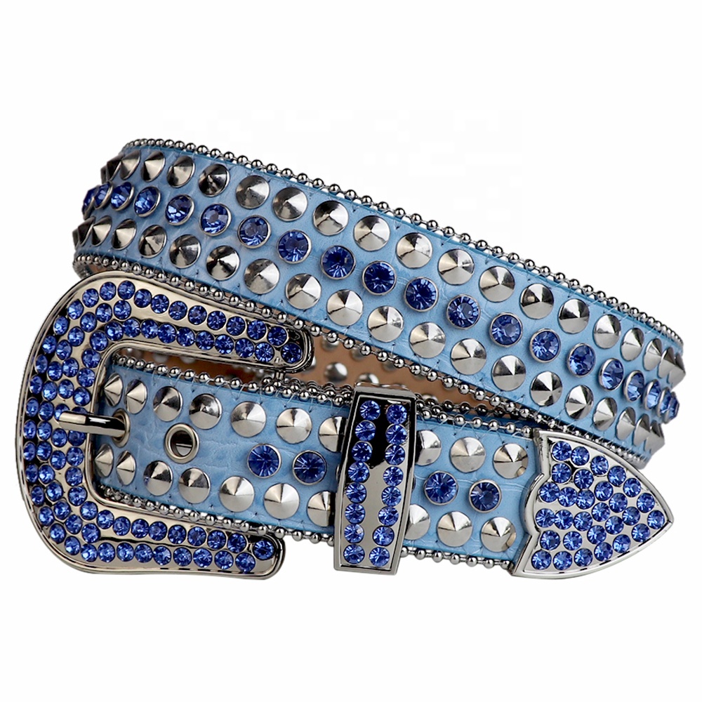 Kids designer baby blue custom studded leather belts wholesale rhinestone belts men bling cowgirl variety styles for sale