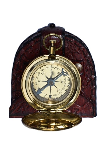 Vintage Style Brass Pocket Compass Push button Flat Compass w/Lid - Brown -Leather Box Brass Polished Gift Item