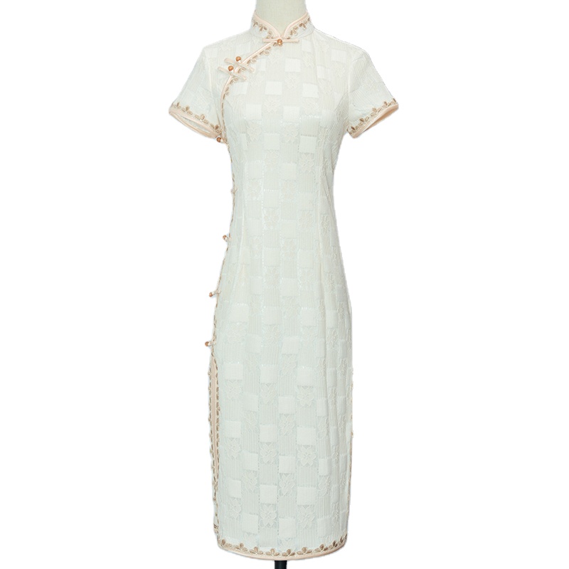 Cream-colored Comfort Tradicional Chinesa Oem Modern Qipao With Front Button