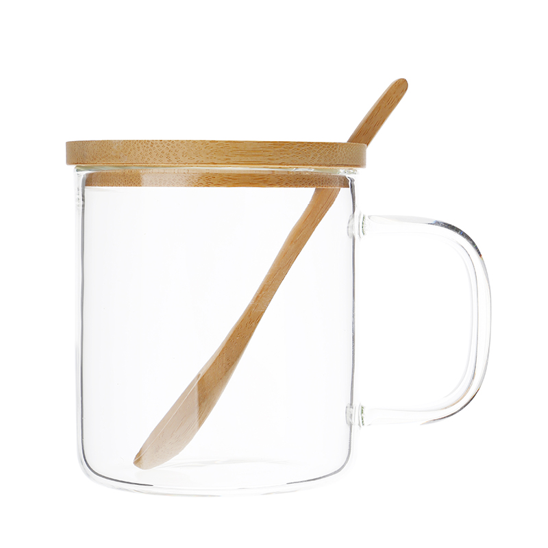 New arrival 400ml nature bamboo lid clear glass double wall with spoon cups Coffee Tea Milk Insulation Mug glass Cup