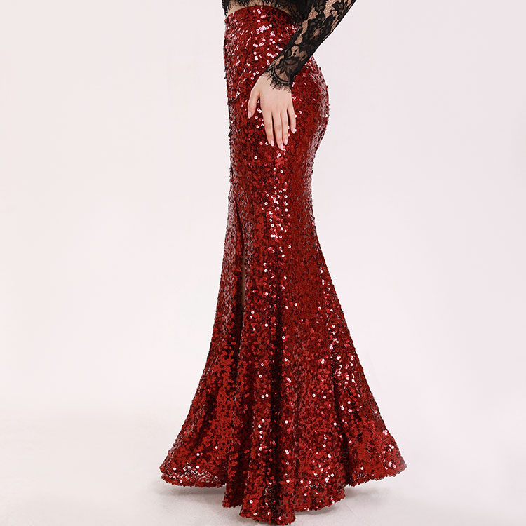 Unique design high slit fish tail long burgundy women's maxi evening sequin skirts