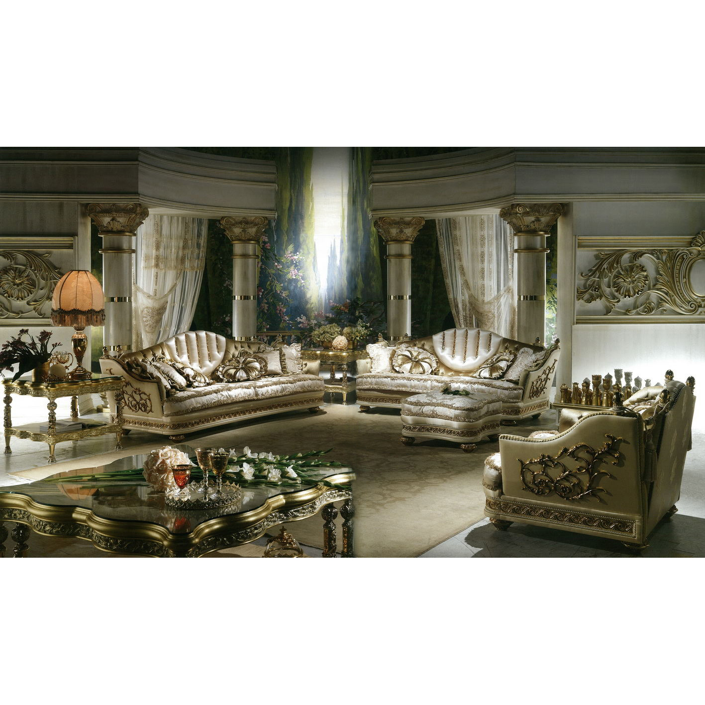 Italian Palace Brass Floral Decorated Wooden Wing Sofa Set Royal Living Room Furniture With Center Table