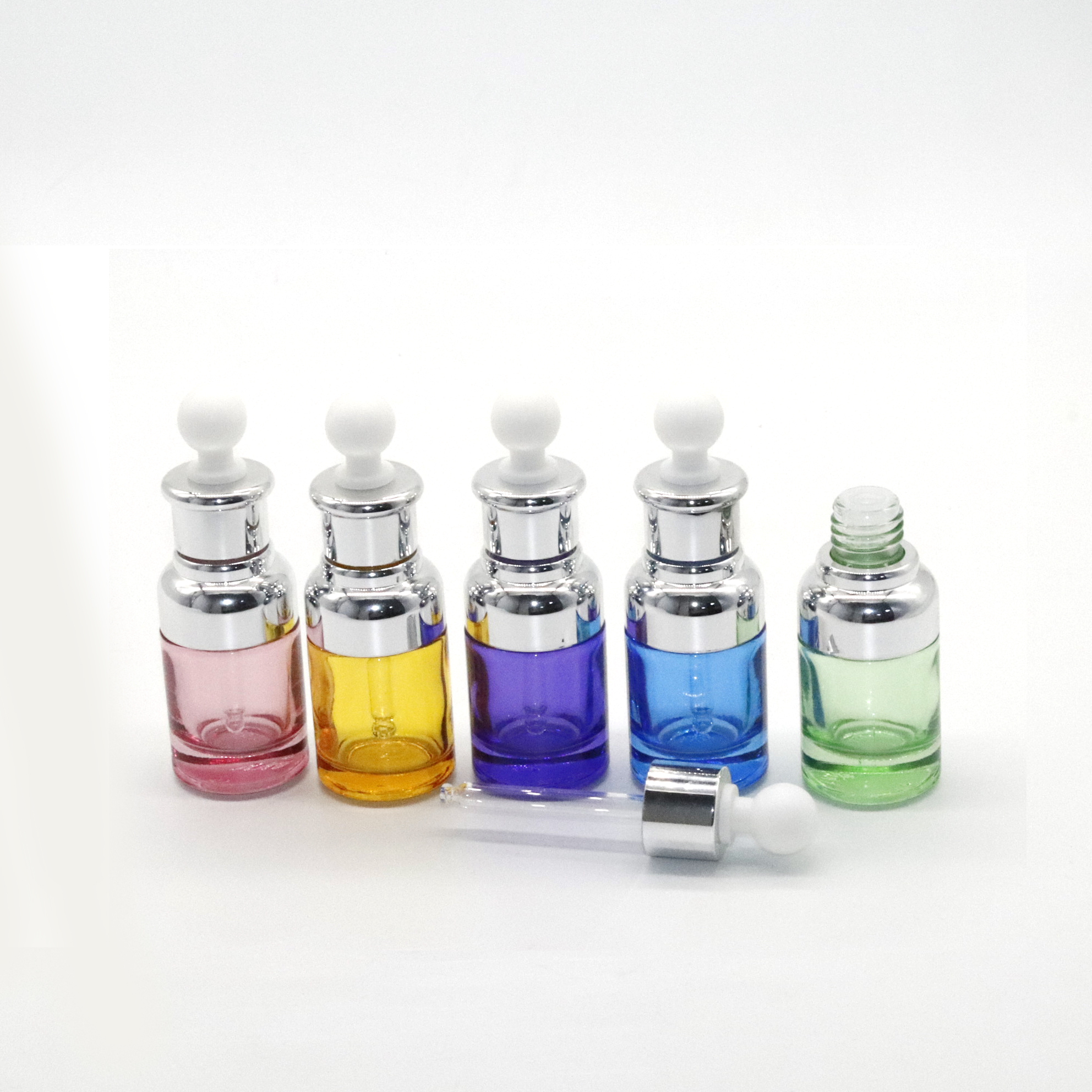 Fancy stock 20ml 30ml glass dropper bottle cosmetics skin care gradient blue colored cosmetic bottles with golden dropper