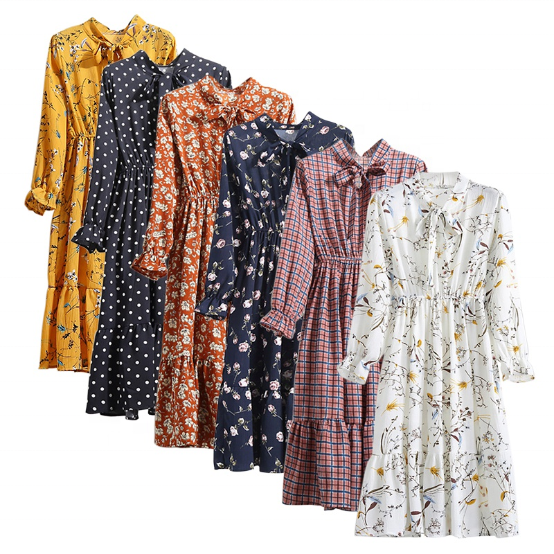 vintage Floral Printing Chiffon Dress Summer Women Long Sleeved Dress Retro Collar Casual Slim Dresses