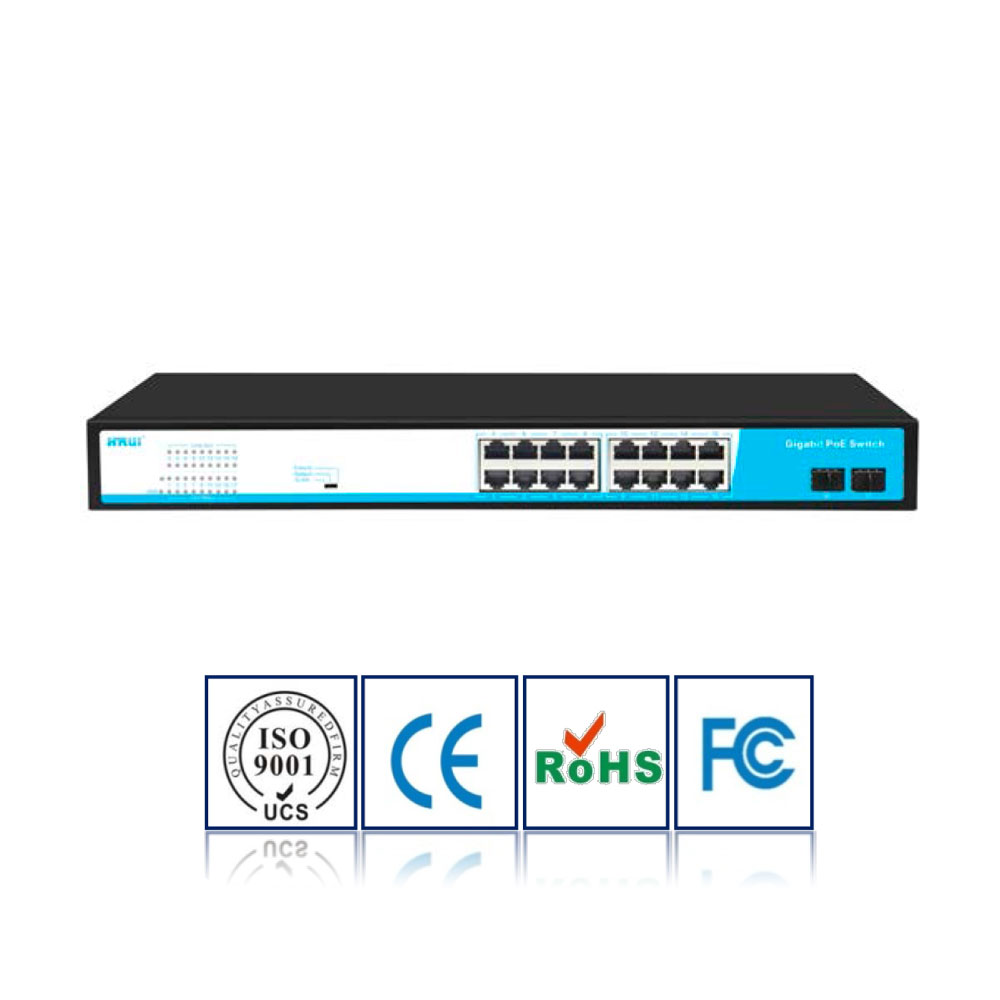 Горячая Распродажа, хорошая цена, без задержки VLAN 250m 2 SFP волоконный гигабитный стандарт Uplink 48 В PoE коммутатор 16 портов