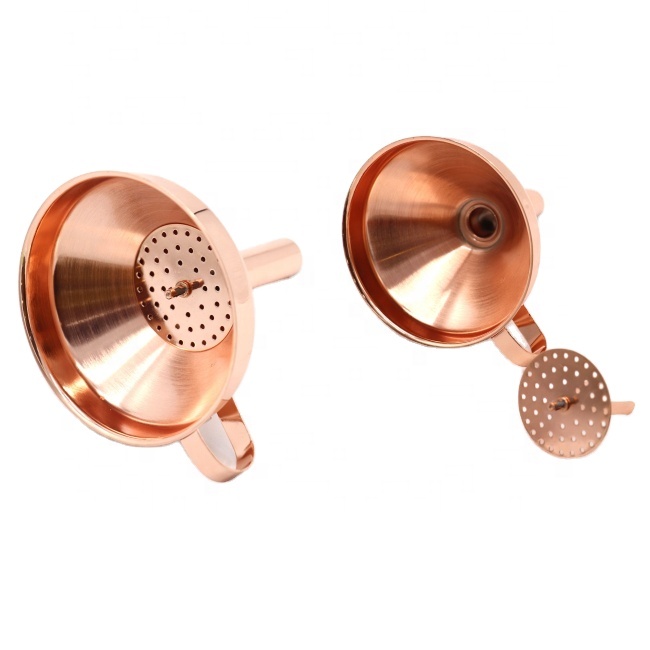Gold Copper Plated Stainless Steel Removable Strainer Filter Kitchen Bar Wine Liquid and Dry Ingredients Funnel with Handle