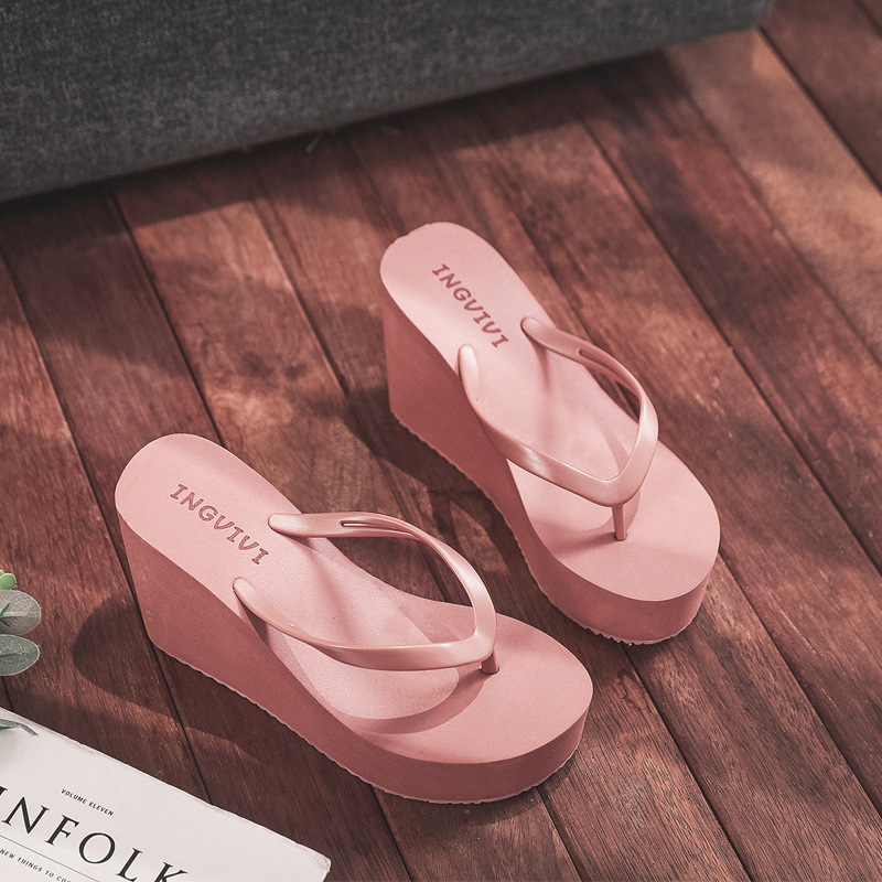 High Heeled Women Thick Bottomed Flip Flops Wholesale Beach Slippers Candy Color Slope Heel Clip Feet Cool Flip Flops