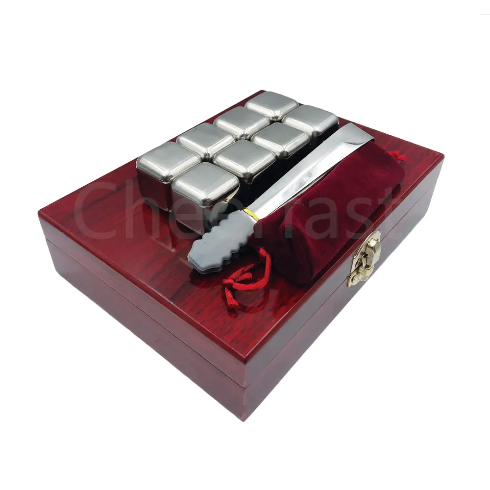 Wholesale  Stainless Steel Ice Cube Red Wooden Box Packaging And Gold Whiskey stainless Steel Ice Cube set