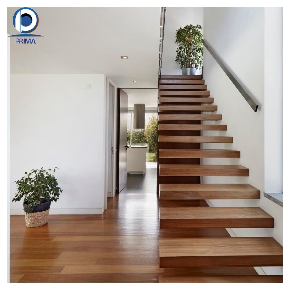 Prima Modern Design Soundproof Staircase Construction for Quiet Living Straight Wooden Floating Stair Tread Step Staircase