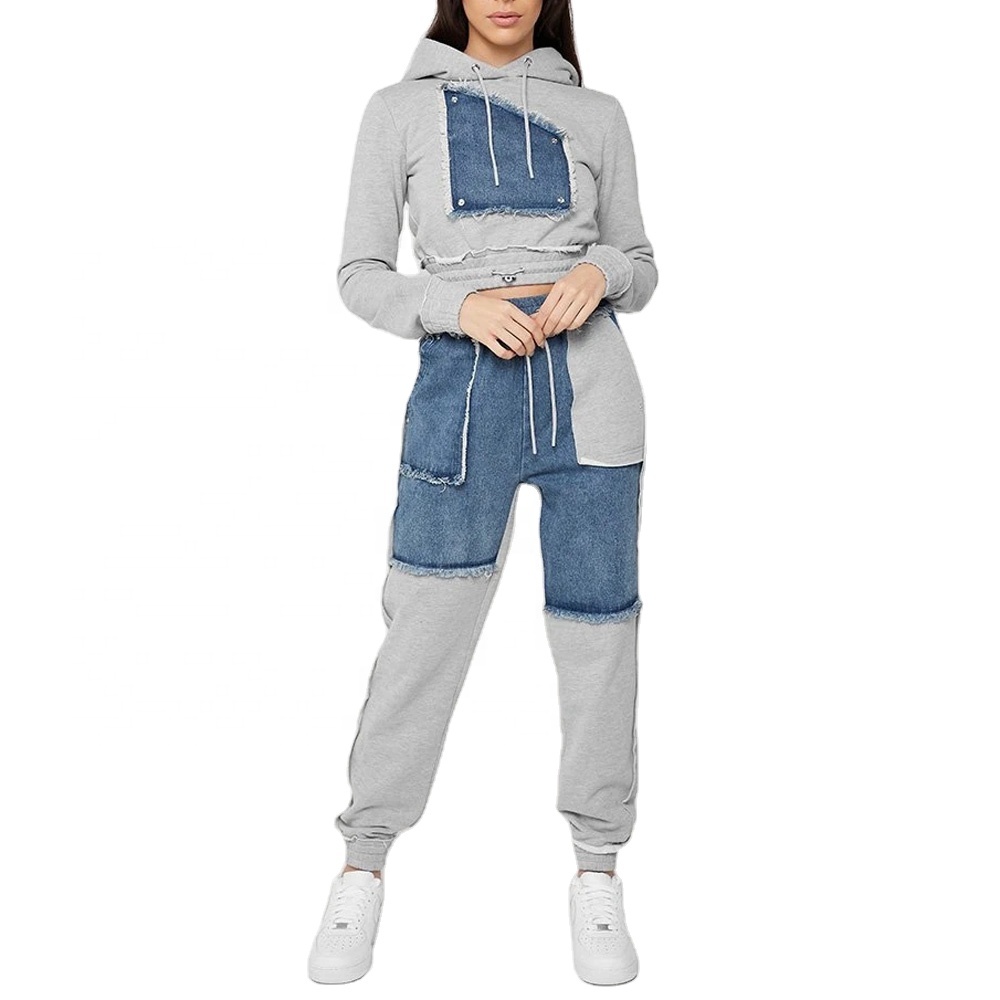 customized long sleeves women cropped hooded distressed denim patch loose cotton Streetwear pullover sports suit