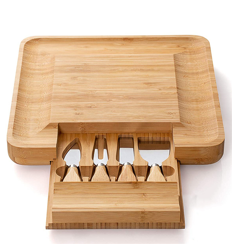 High quality charcuterie cheese cutlery set square bamboo cheese board knife set