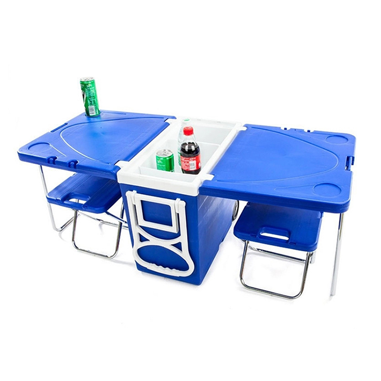 Wholesale 28L foldable camping picnic ice chest table cooler box with wheels and 2 seats