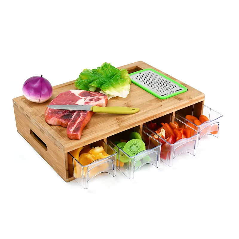 Bamboo Cutting Board with 4 Trays/Acrylic Drawers/Container and Bamboo Lids, Chopping Board with Grater vegetable Slicer