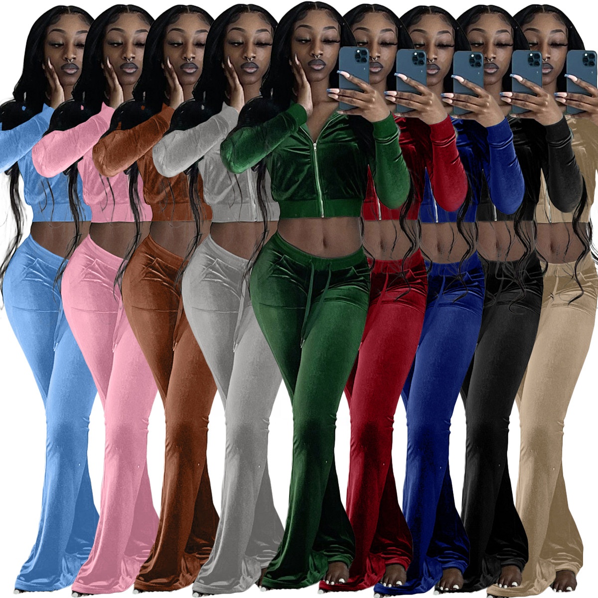 2021 Korean Velvet Solid Color Long Sleeve Sexy Navel Casual Sports Plus Size Two Piece Sets Women Plus Size Women Clothing