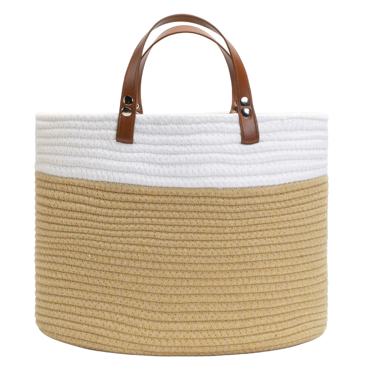 High Quality Stripe Small Cotton Storage Baskets With Leather Handles