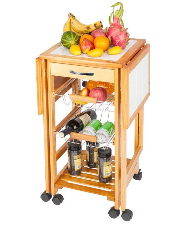 Combohome Bamboo Folding Trolley Table Portable kitchen Rolling Trolley Table
