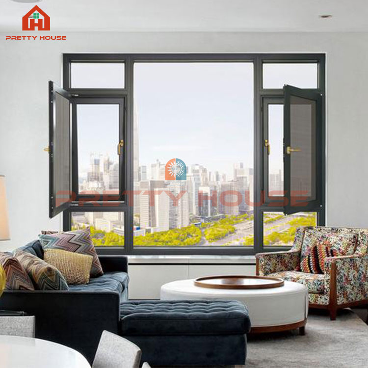 Hurricane proof high impact double glazing casement window glass black aluminum frame windows and doors