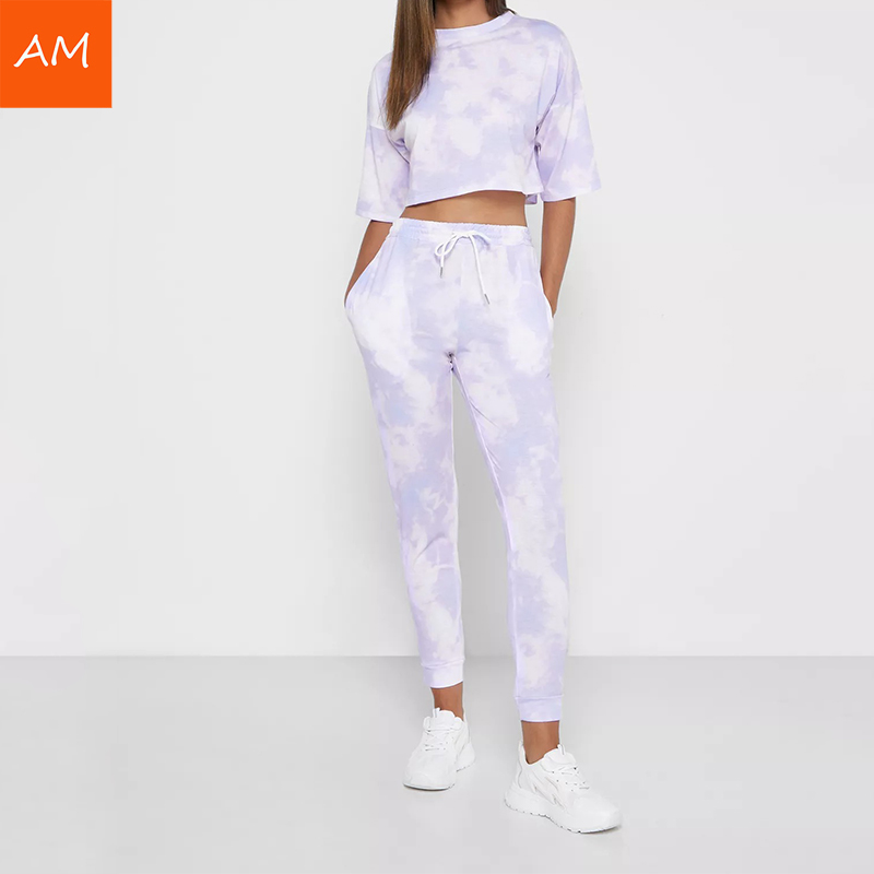 Custom Printed Sport Fitness Hoodie and Pants Crew Neck Tie Dye Crop Top Women Set