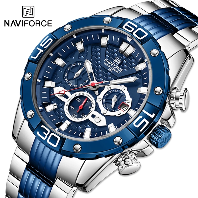 NAVIFORCE 8019 Мужские часы Роскошные Синие Деловые кварцевые часы с хронографом, спортивные водонепроницаемые часы мужские наручные часы, часы для мужчин