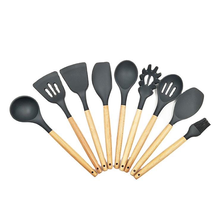 9 PCS SILICONE KITCHEN UTENSIL SET IN DARK GREY COLOR WITH BEECH WOOD HANDLE FOR KITCHEN