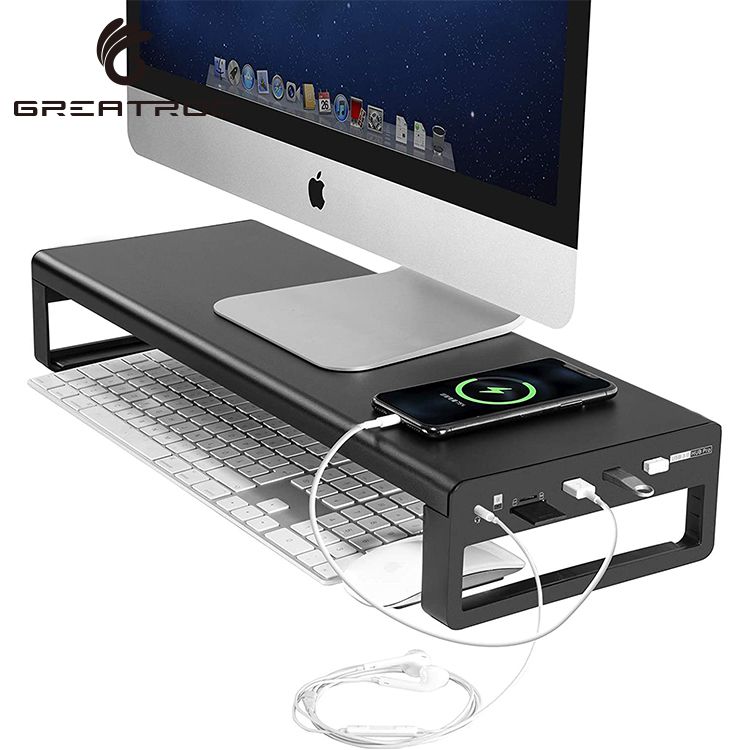 Great Roc Support transfer data,keyboard and mouse storage desk organizer USB 3.0 wireless charging aluminum monitor stand riser