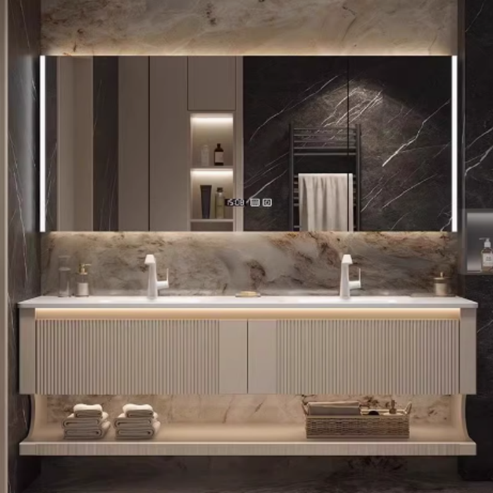 Large Size Hot Sale Modern Two Drawer Bathroom Double Vanity Bathroom Set Wall Floating Wooden Bathroom Cabinets With Mirror
