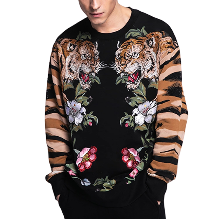 Fashion Trends Tiger Rhinestone Long Sleeve Pullover Hoodie Custom Oversized Rhinestone Print Crew Neck Men's Sweatshirts