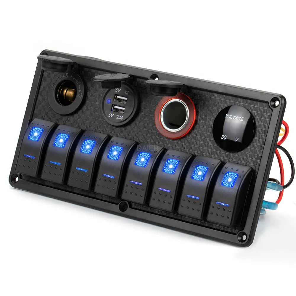 Boat Marine Rocker Switch Panel 8 Gang Waterproof ON Off Toggle Switches with Digital Voltage Display 3.1A Dual USB Power Charge