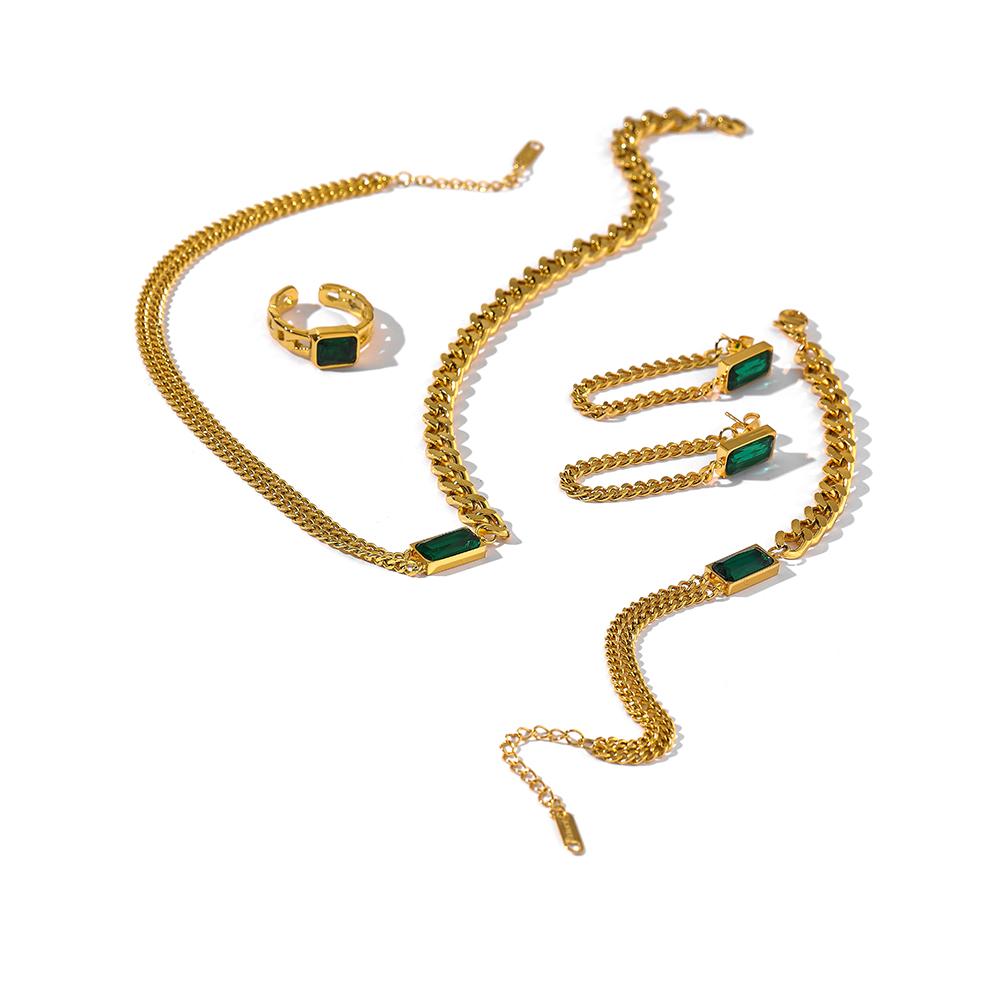 Yhpup Statement Trendy Best Seller on Amazon Products Stainless Steel Necklace Green Crystal Gold Necklace Earrings Jewelry Set