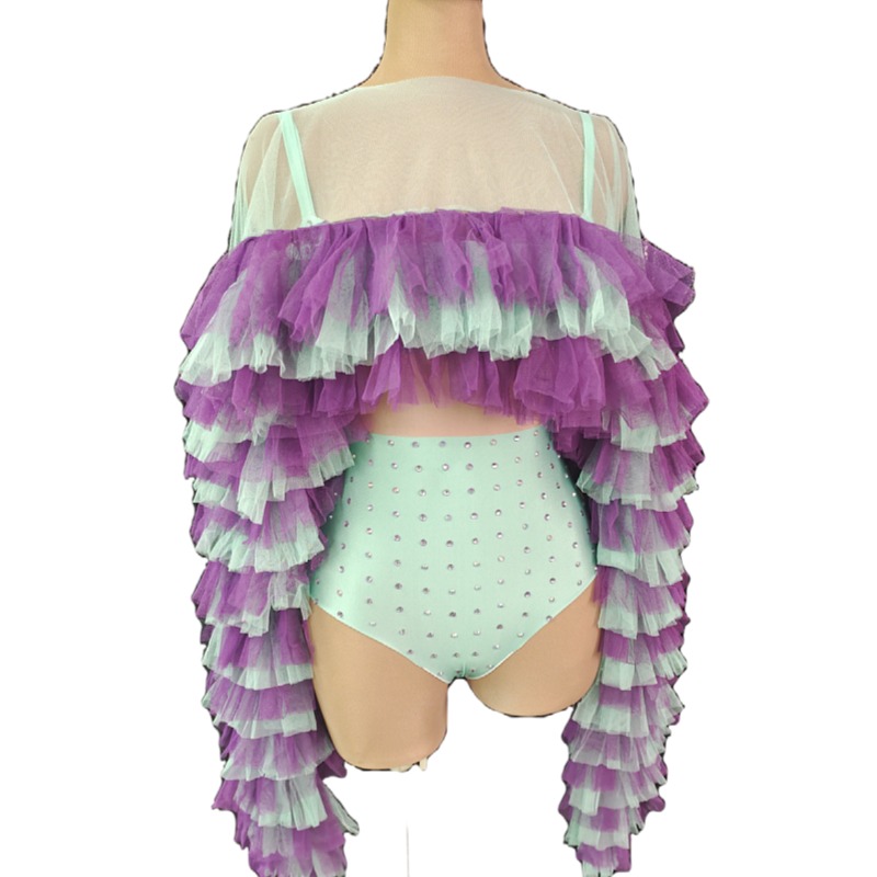 Traje De Escenario Designer Clothes 2 Piece Set Ruffles Ruched Sleeve Rhinestone Bodysuit Women Club Wear Stage Dance Costume