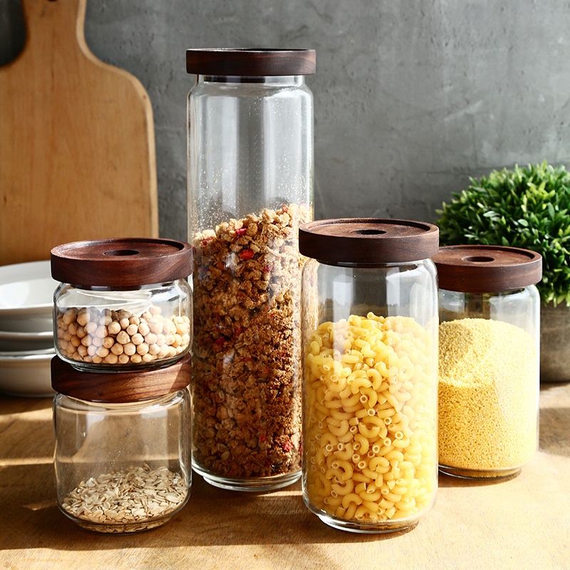 Airtight round shape glass food storage jars with wood lid