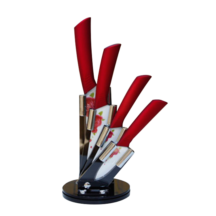 5pcs Ceramic Chef's Knife Set With Blade Flower Printing In Acrylic Stand