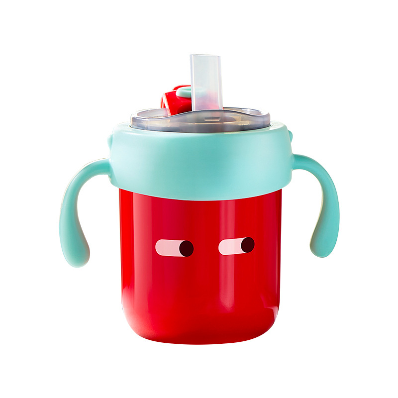 Popular Cute Cartoon Stainless Steel Milk Cup with Scale Anti-Drop Straight Drinking Straw for Babies Water Cup Tableware