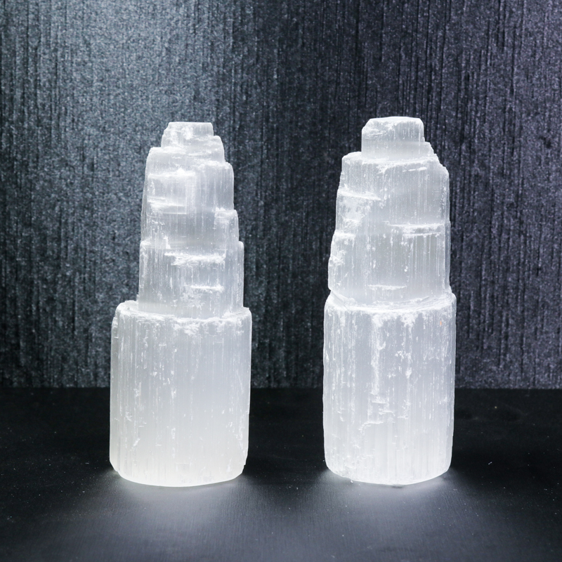 Wholesale Healing Crystal Wand Semi precious Stone Hexagon Spiritual Tool Selenite Tower Lamp For Meditation
