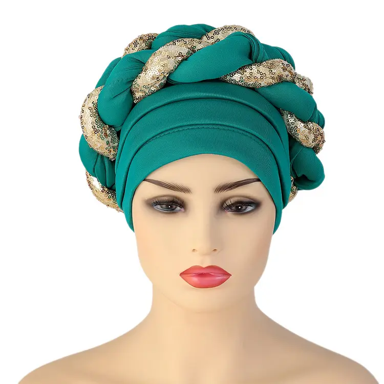 New Space Layer Sequin Braid Women Headwrap Nigerian Aso Oke Headtie African Braided Headwrap Muslim Rhinestone Turban Cap