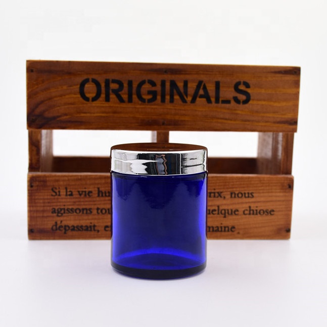 60ml 2 oz custom design round blue straight sided glass jars cosmetic containers with screw silver lid for food storage candles