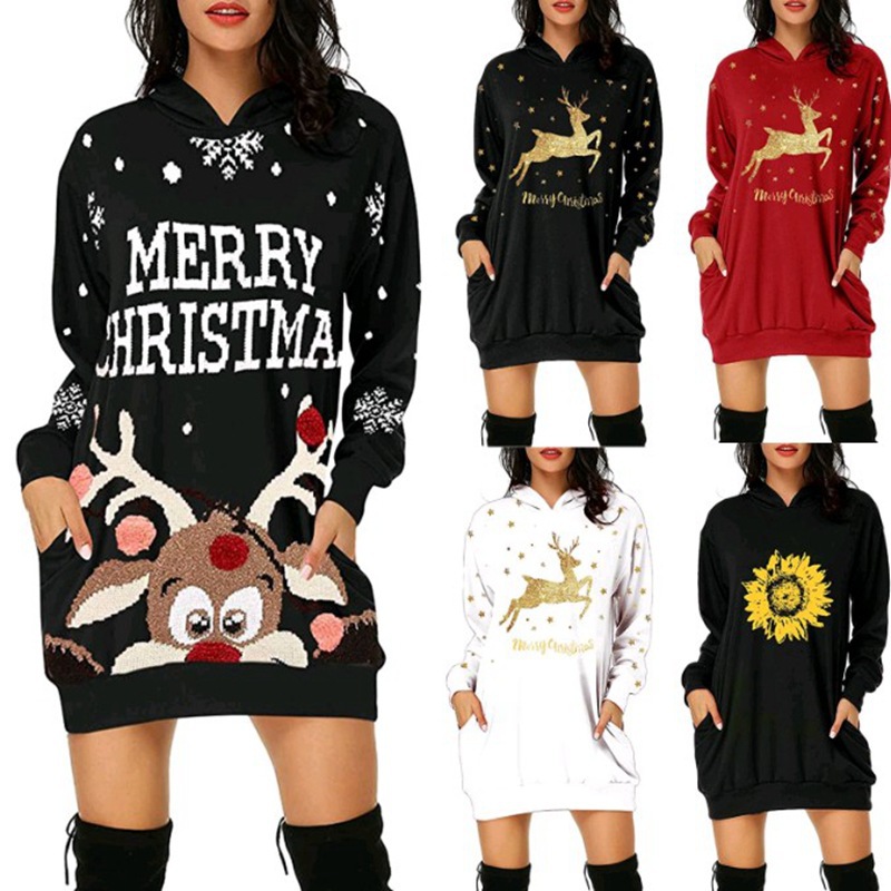 2021 Christmas Print Medium Length Pocket Hoodie with Long Sleeves