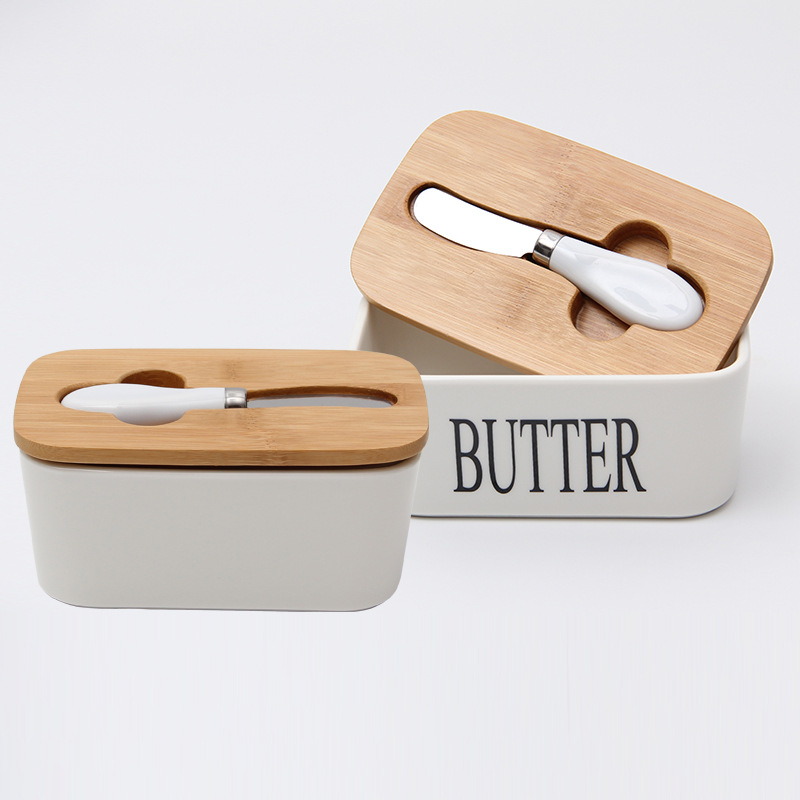 SYL Nordic Butter Sealing Box Ceramic Butter Plate White with Wood Lid and Knife Cheese Storage Tray Butter Dish