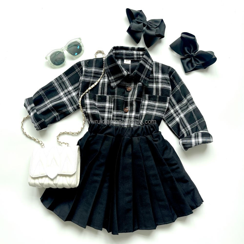 Yiwu Ruidian OEM Autumn Flannel Black And White Plaid Long-Sleeved Shirt + Black Pleated Skirt 2 Pieces Baby Girl Clothes Set