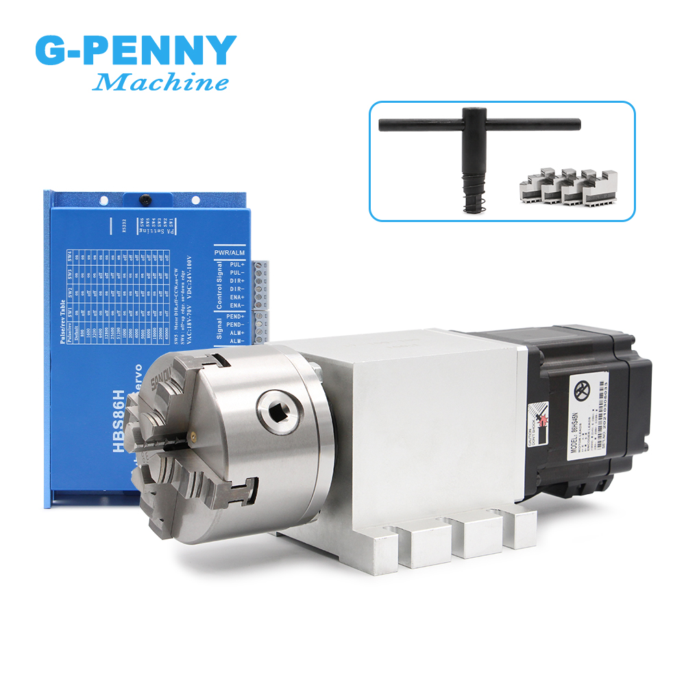 NEW! 4th Axis 3Jaw 100mm CNC dividing head/Rotation Axis/A axis kit NEMA34 86HS45N 4.5N.m & HBS86H Closed loop stepper motor