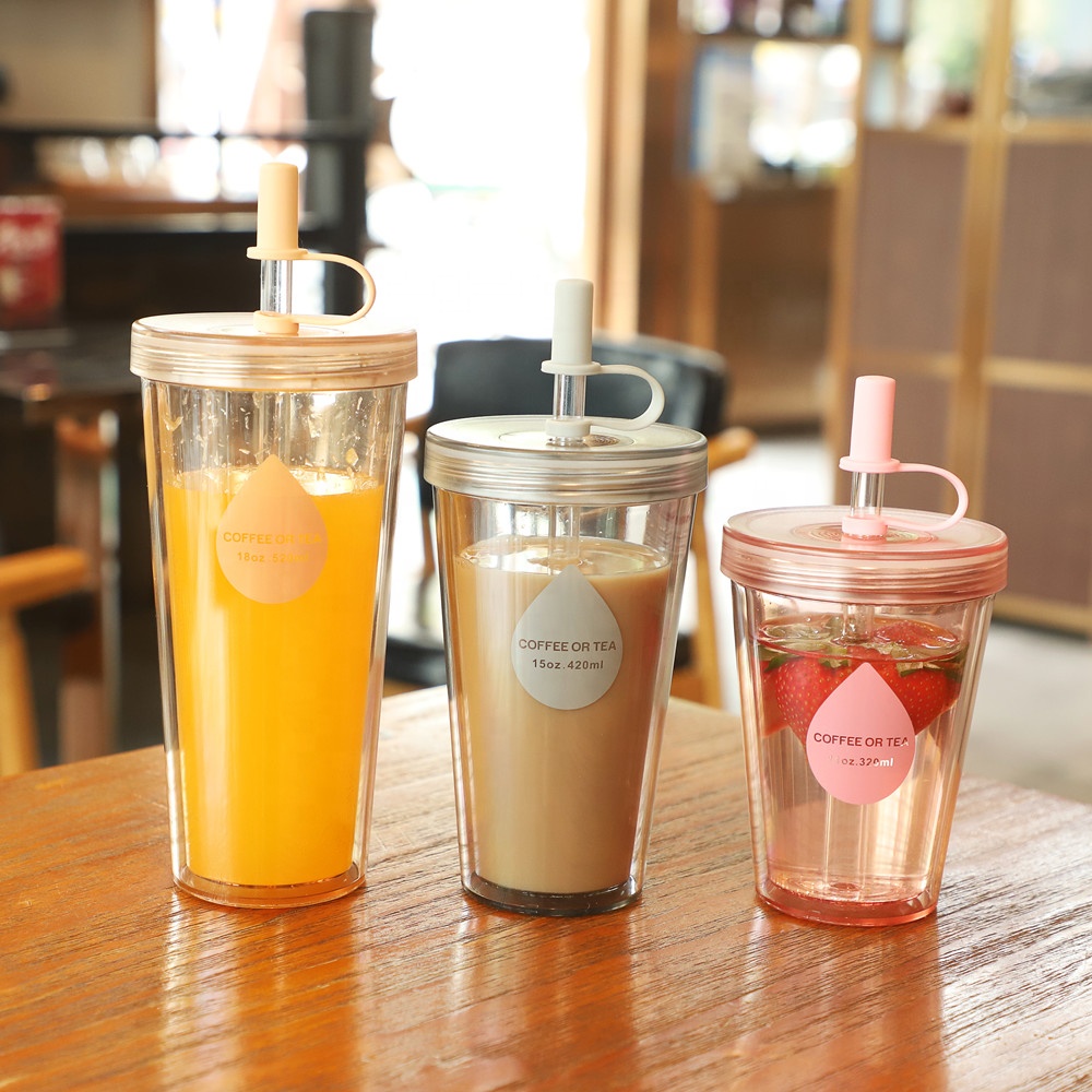LUCKYS New Arrival Double Layer BPA Free Clear Customized Cup Plastic Coffee Tumbler with Straw