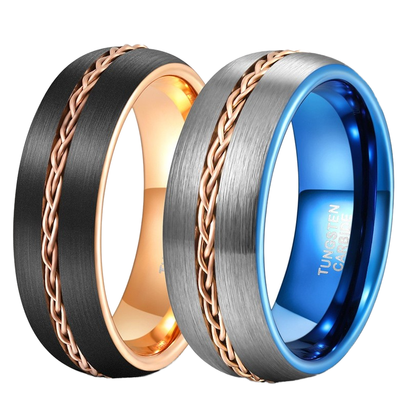 Mens Two Tone Black Brushed Tungsten Copper Wire Inlay Rose Gold Blue Inner 8mm Wedding Band