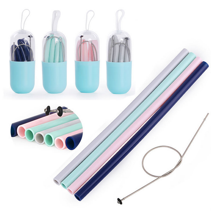 2021 Portable environmental friendly silicone straw reusable foldable drinking multi-color straws with brush and shell