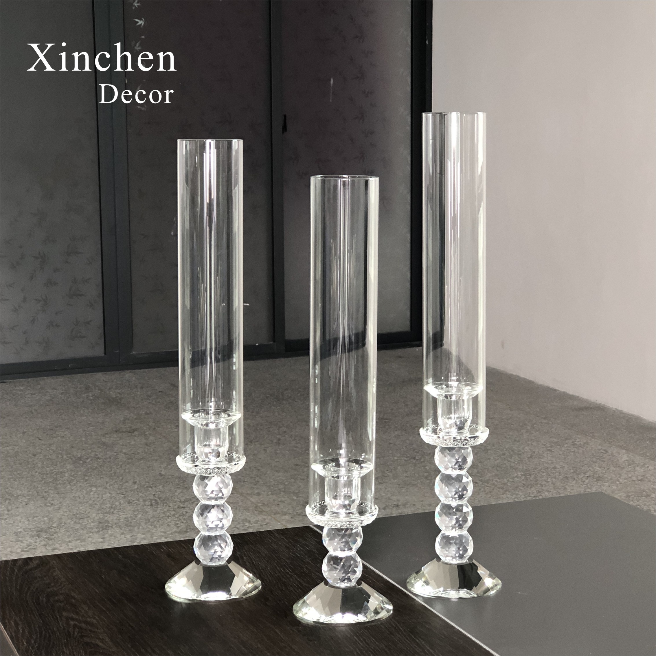 Wholesale good quality 1 set of 3 different height bead handle single crystal candle holders