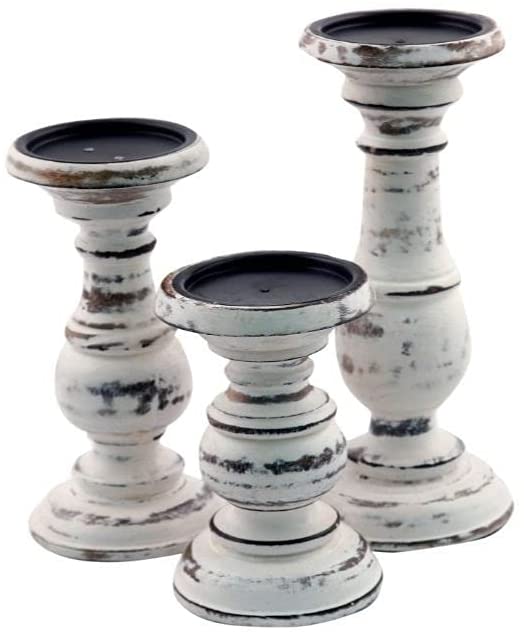 Deco 79 Distressed White Wood Candle Holders with Spiked Candle Plates, Traditional Style Table Decor, White Candlesticks Accent