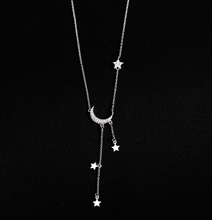 2021 New Design 925 Sterling Silver Tassel Pendant Necklace Light Luxurious Star Moon Choker Necklace