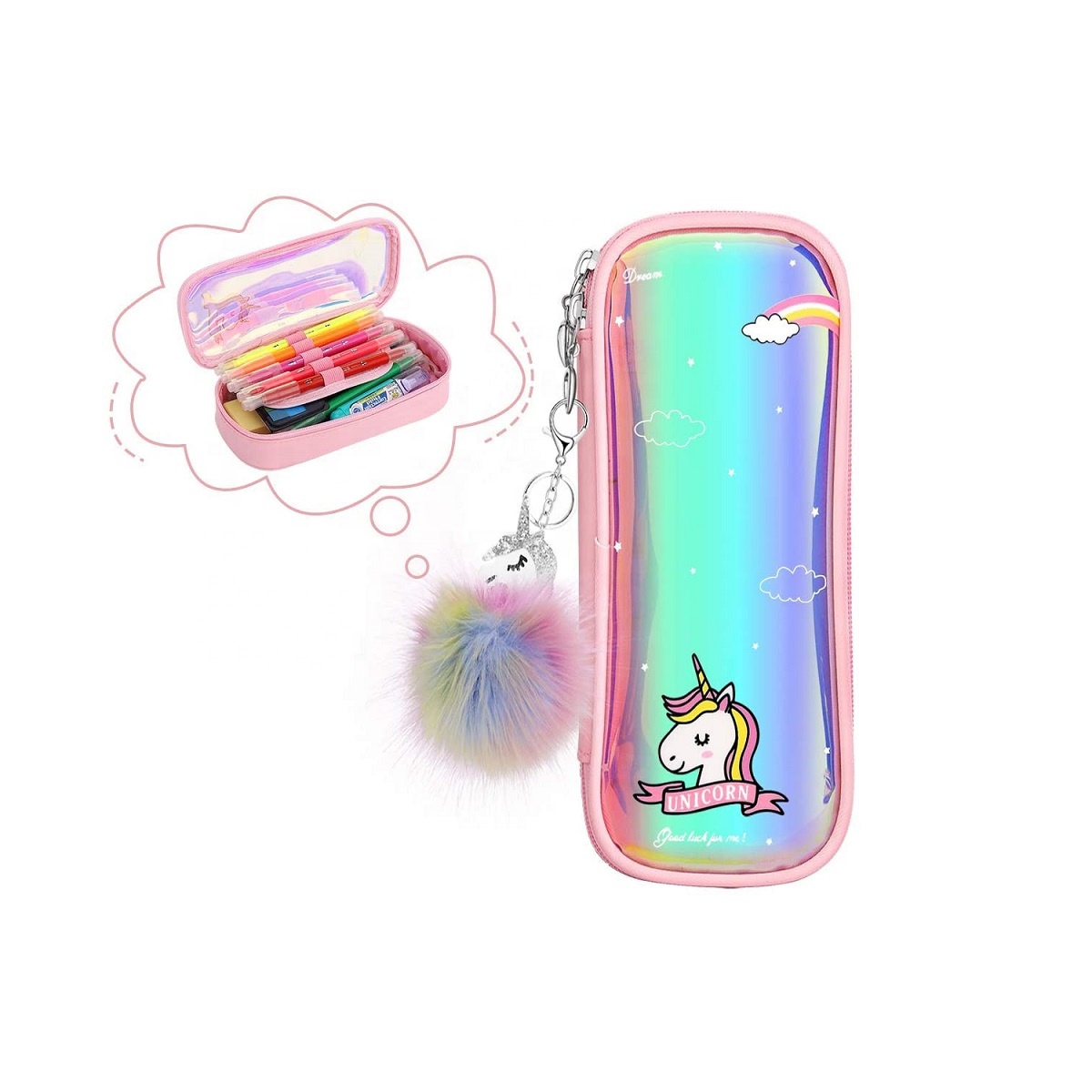 Creative Girls Unicorn Colorful Cute Nylon Pencil Bag with Double Zipper for School Office
